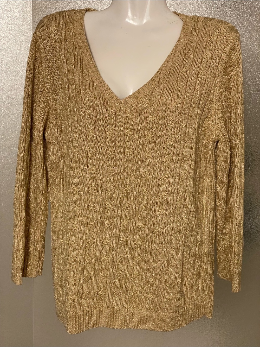 American Living Metallic Gold Cable Knit V-Neck Sweater
